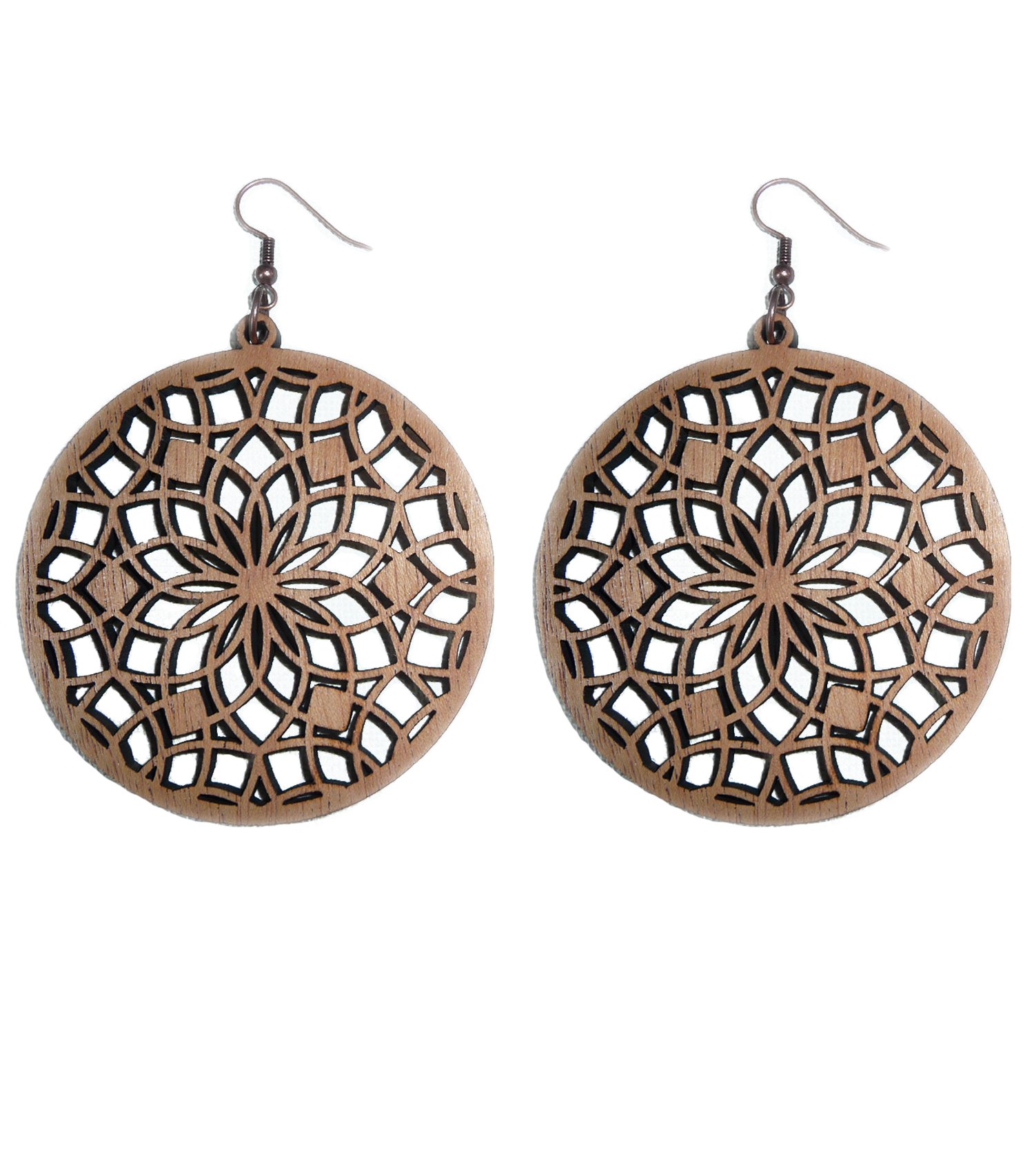 Image of MAHOGANY WOOD LASER CUT EARRINGS WOOD AND COPPER SACRED FLOWER 