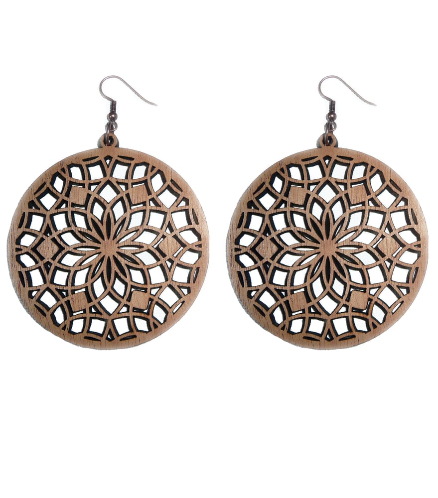 Image of MAHOGANY WOOD LASER CUT EARRINGS WOOD AND COPPER SACRED FLOWER 