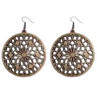 MAHOGANY WOOD LASER CUT EARRINGS WOOD AND COPPER SACRED FLOWER 