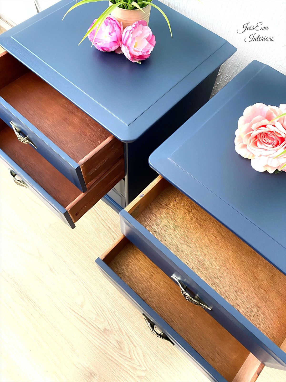 Professionally painted Navy Blue Stag Minstrel BEDSIDE TABLES, BEDSIDE CABINETS 