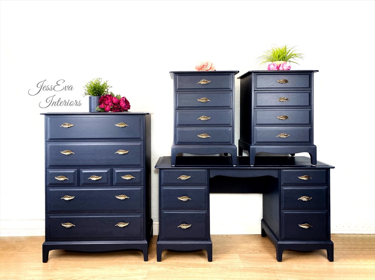 Professionally painted Navy Blue Stag Minstrel Bedroom Furniture Set.