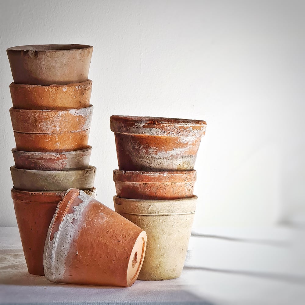 Série de 10 pots anciens à semis en terre cuite 7 cm