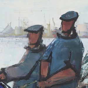 Image of Mid Century Swedish Painting, 'Fishermen,' ROALD HANSEN.