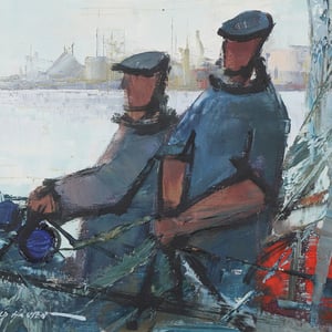 Image of Mid Century Swedish Painting, 'Fishermen,' ROALD HANSEN.