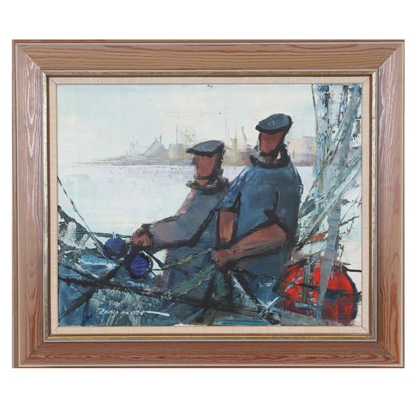 Image of Mid Century Swedish Painting, 'Fishermen,' ROALD HANSEN. 