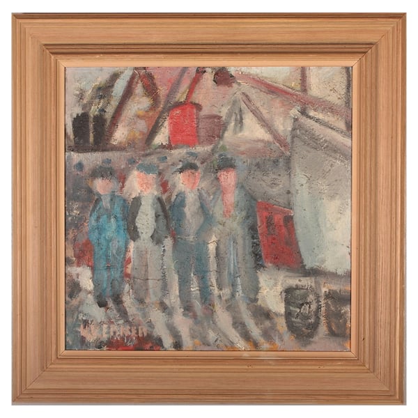 Image of Mid-Century Swedish Painting, 'Quayside.' 