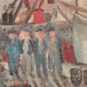 Image of Mid-Century Swedish Painting, 'Quayside.'