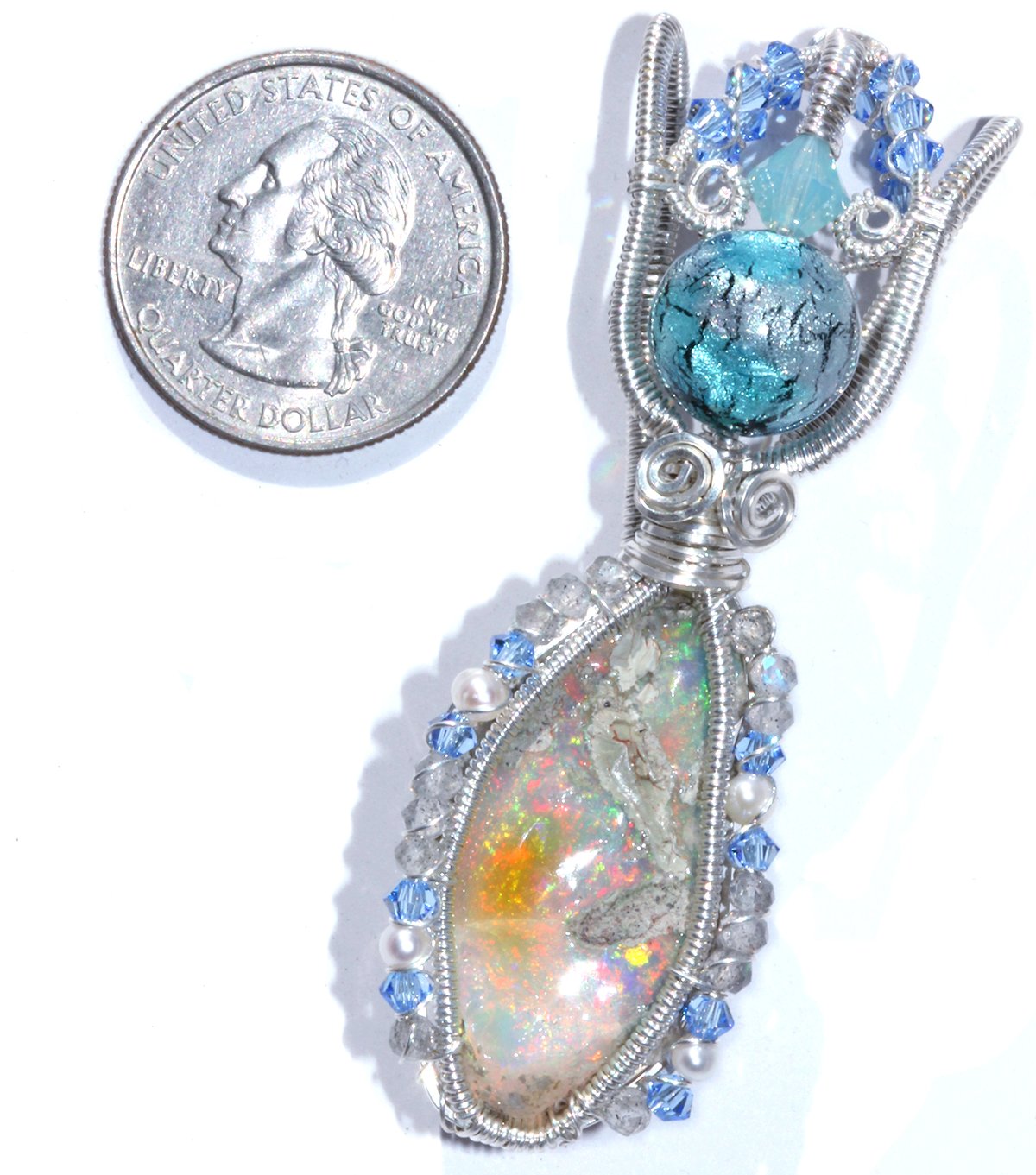 Ethiopian Opal Handmade Pendant with Labradorite and Venetian Glass Bead