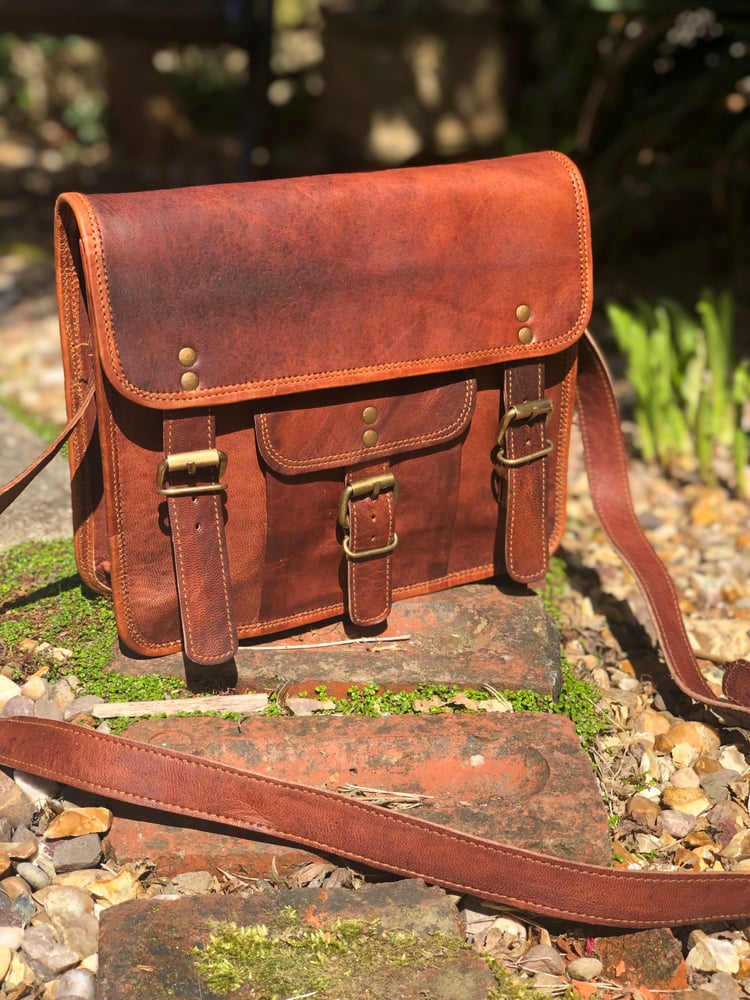 Image of 11”x9” - iPad-Size #3 Handmade Leather Satchel - Square with pocket