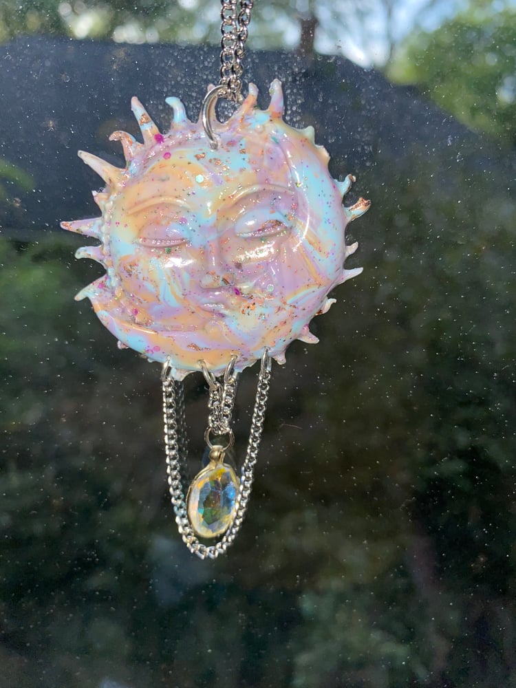 Image of Silver clay tie dye glitter sun and moon necklace 