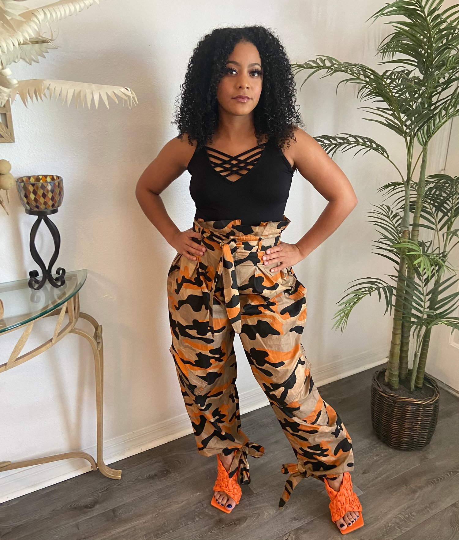 Image of Camouflage Paperbag Waist Pants in Orange 