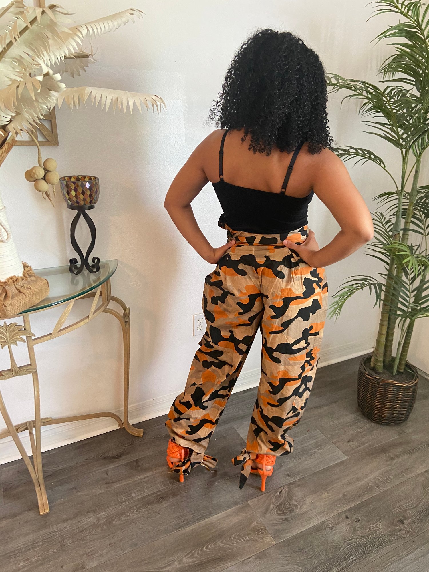 Image of Camouflage Paperbag Waist Pants in Orange 