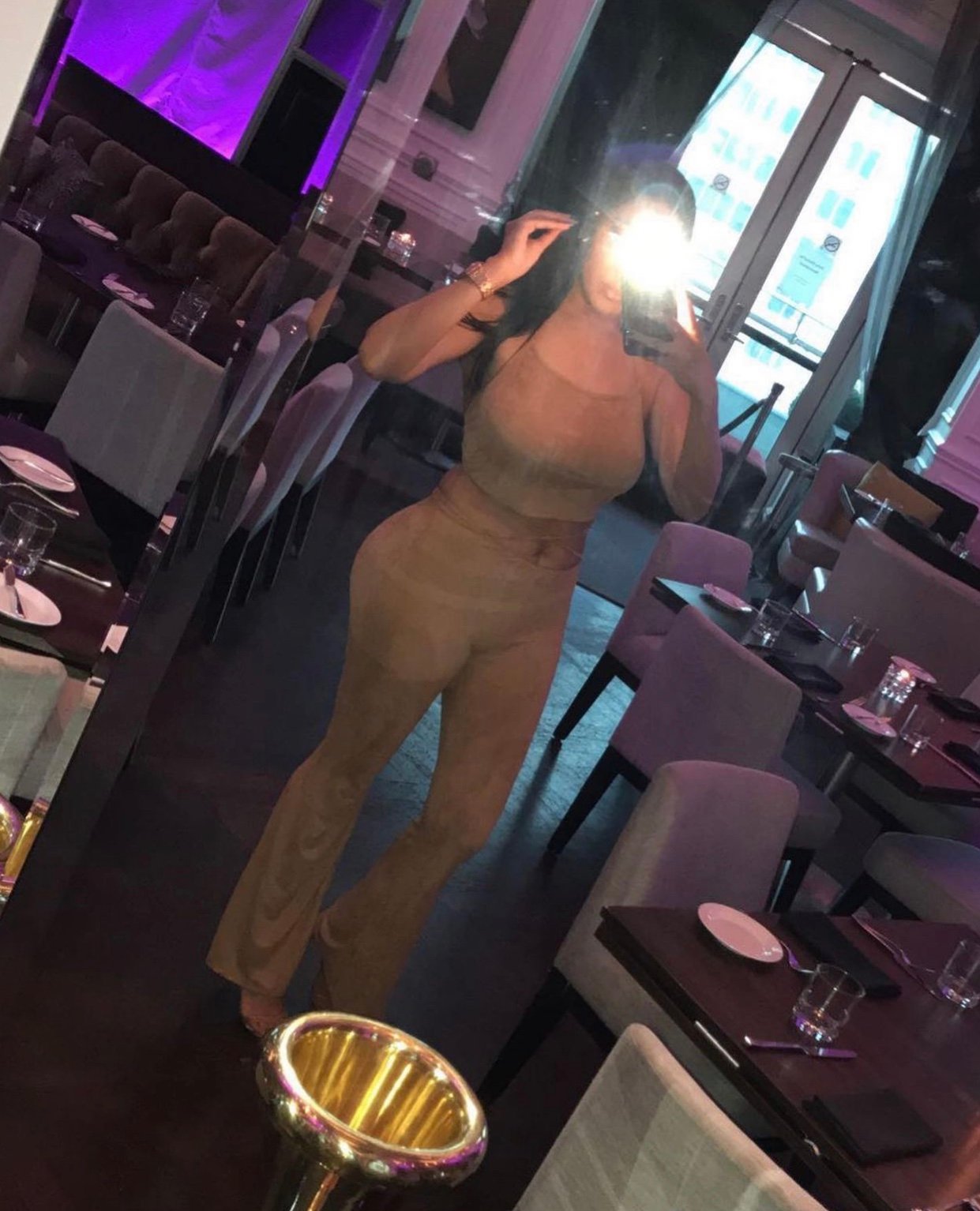 Image of SUEDE CAMEL  2-PIECE SET WITH FLARED PANTS & CROP TOP (MEDIUM)