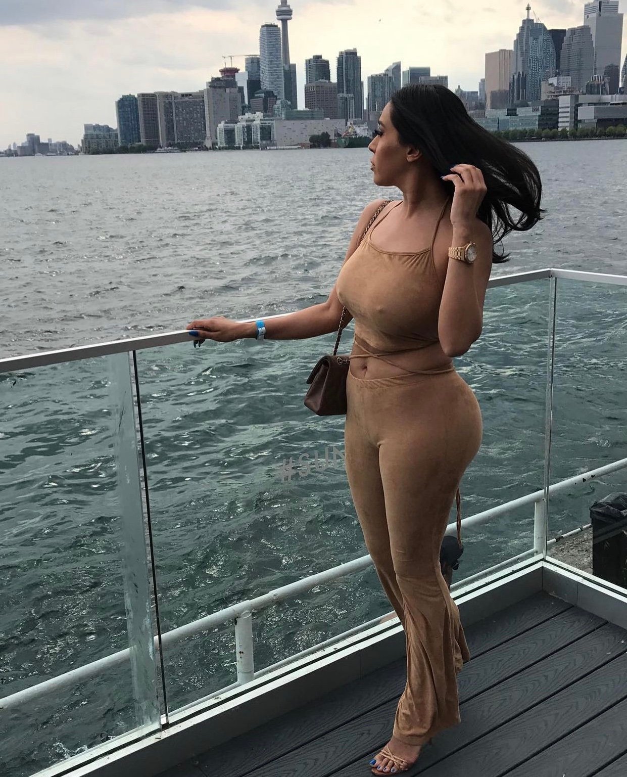 Image of SUEDE CAMEL  2-PIECE SET WITH FLARED PANTS & CROP TOP (MEDIUM)