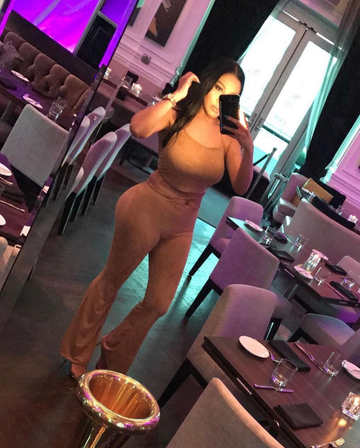 Image of SUEDE CAMEL  2-PIECE SET WITH FLARED PANTS & CROP TOP (MEDIUM)