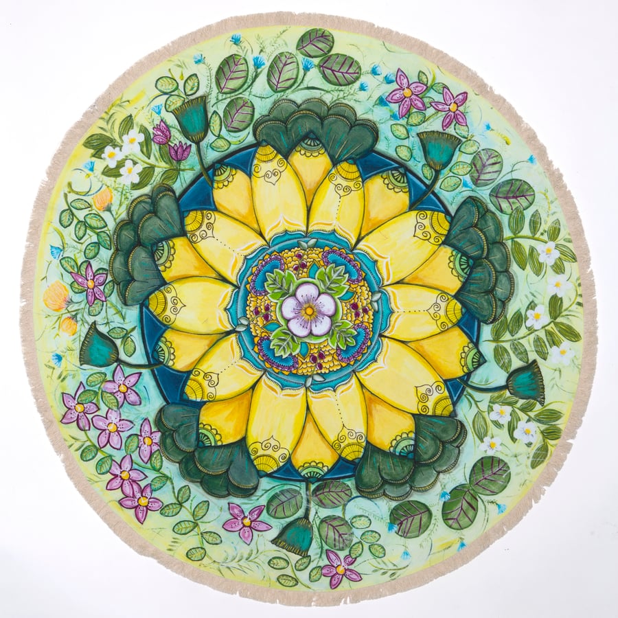 Image of "Spiritual Restoration"- Yellow Lotus Textile Meditation Mat with fringe