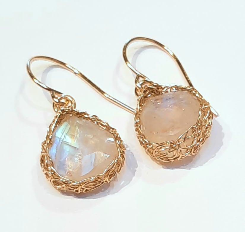 Image of Gold Crochet Rainbow Moonstone Earrings