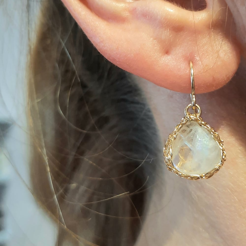Image of Gold Crochet Rainbow Moonstone Earrings