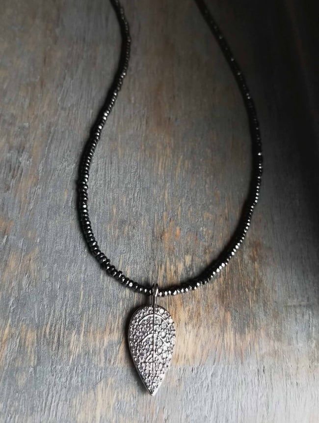 Quiet Elegance - Black Spinel and Silver Pave Leaf Necklace