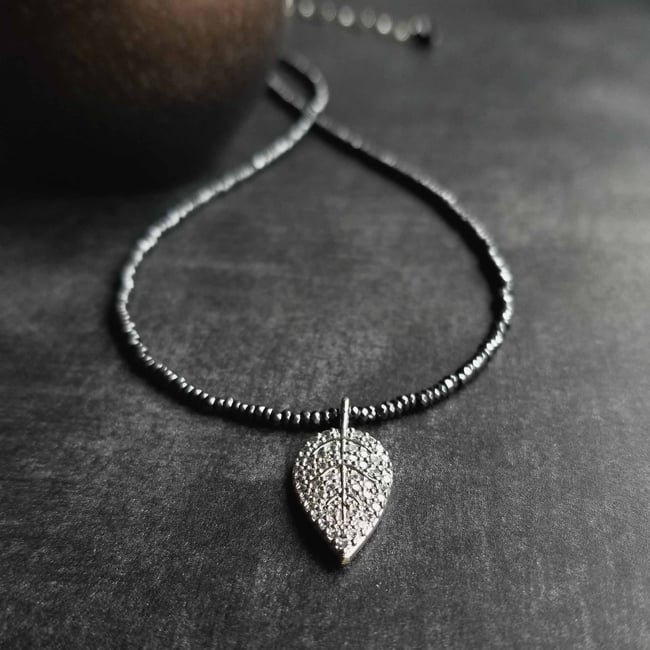 Quiet Elegance - Black Spinel and Silver Pave Leaf Necklace