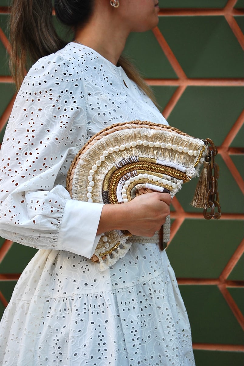 Rhinestones Big Pearls Metal Cage Clutch, White / L13 x W13 x H15cm