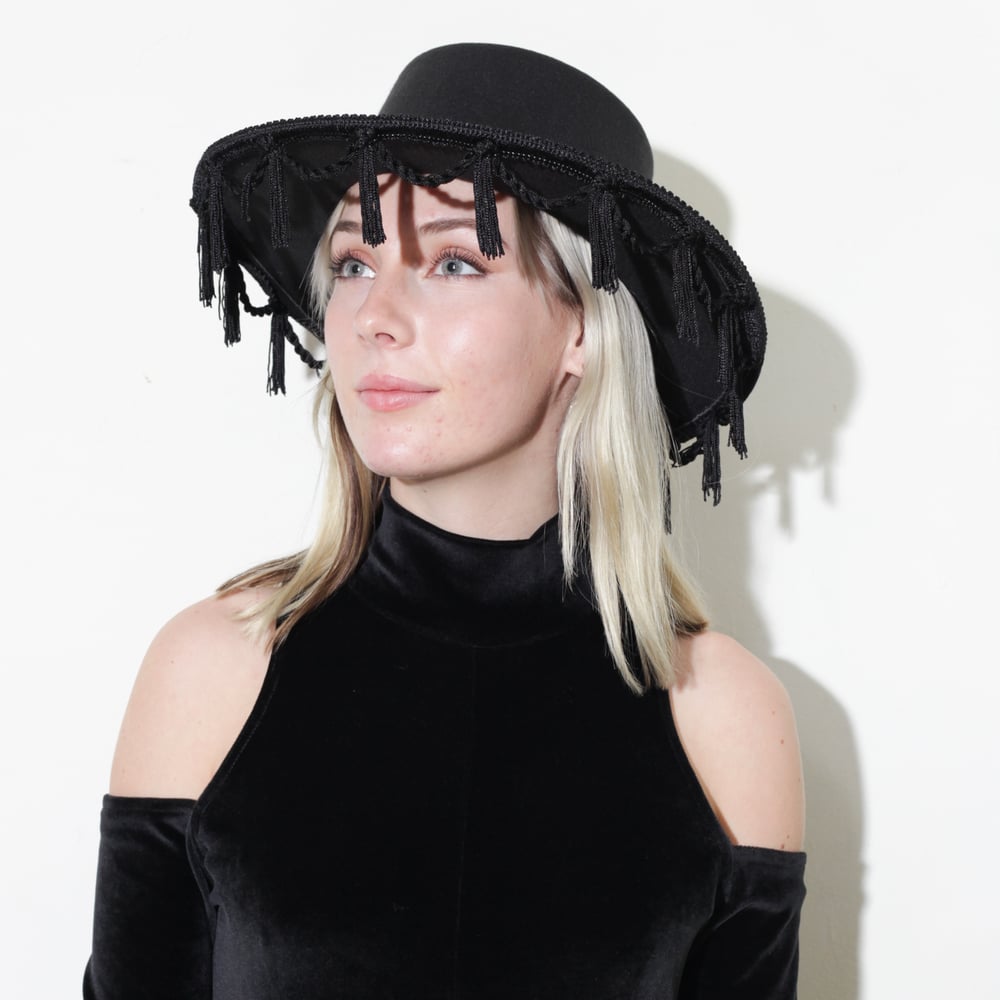Image of Wide brim hat with rope and tassle fringe witchy gothic fancy embellished burlesque sunhat