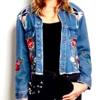 Image 1 of SIGNATURE8 floral and butterfly patch crop denim blue jean jacket