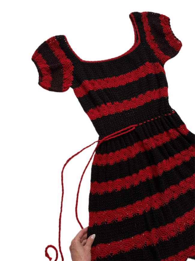 70s black and red crochet dress