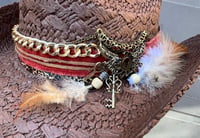Image 4 of Brown Cowboy Hat Layered Band Brass Keys and Feathers