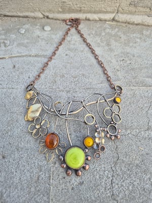 Green, orange and yellow flowers necklace 
