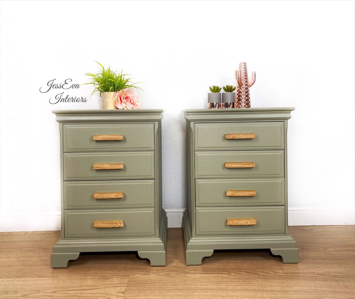 Painted light green Stag Bedside Tables Bedside Cabinets in Boho style 