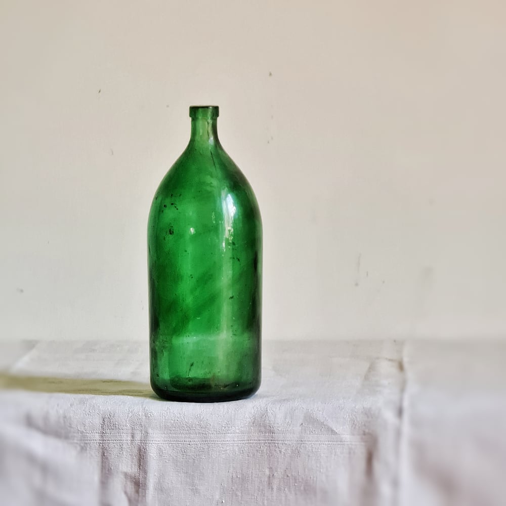 Ancienne bouteille verte syphon en verre à col étroit 