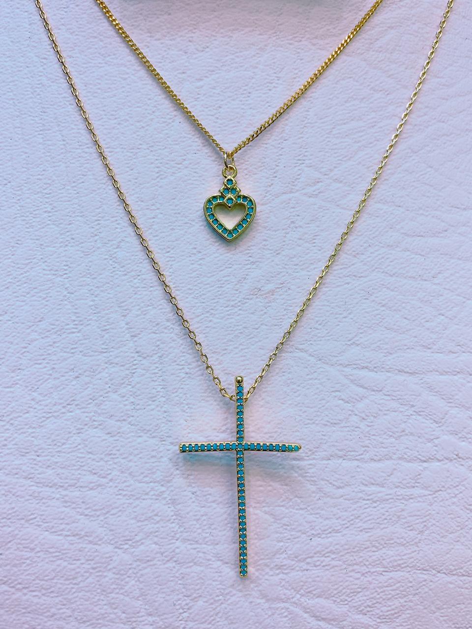 Chain Heart &  Blue Cross Necklace