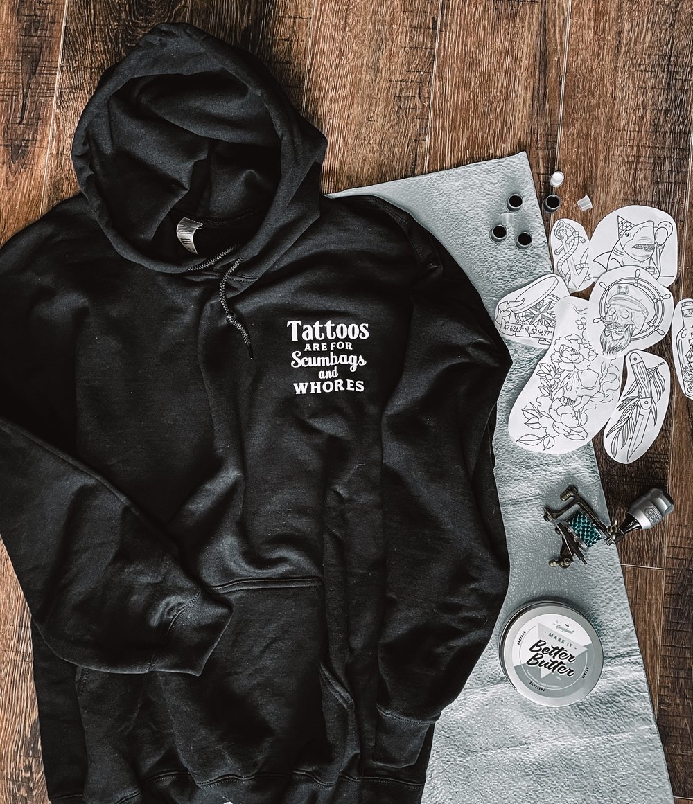 Image of Tattoos and Whiskey hoodie with front and back logo