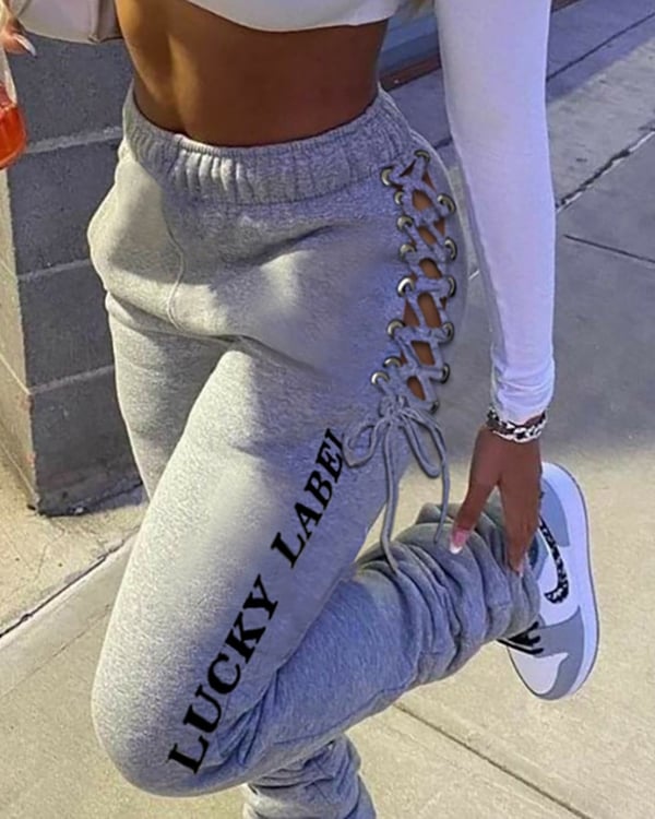 Image of Lucky Label Print Eyelet Lace-Up drawstring sweat pants