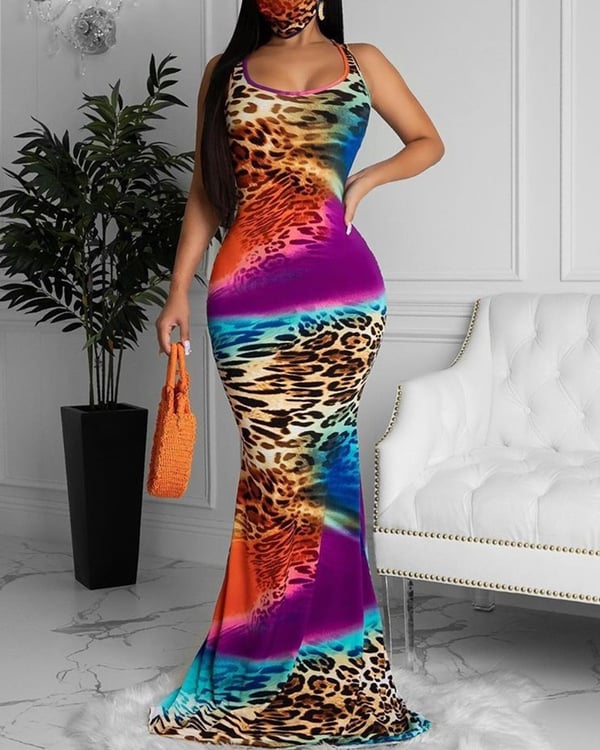 Image of Cheetah Tie~Dye Print Mermaid sleeveless maxi dress