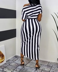 Image 2 of 🌺Striped print~one shoulder wrap midi dress🌸