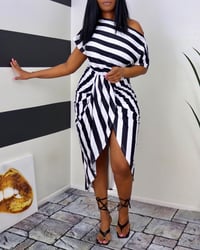 Image 1 of 🌺Striped print~one shoulder wrap midi dress🌸