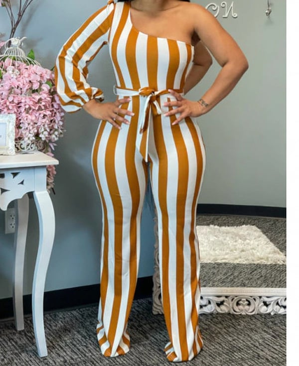 Image of Casual 1 shoulder striped deep yellow one piece jumpsuit 