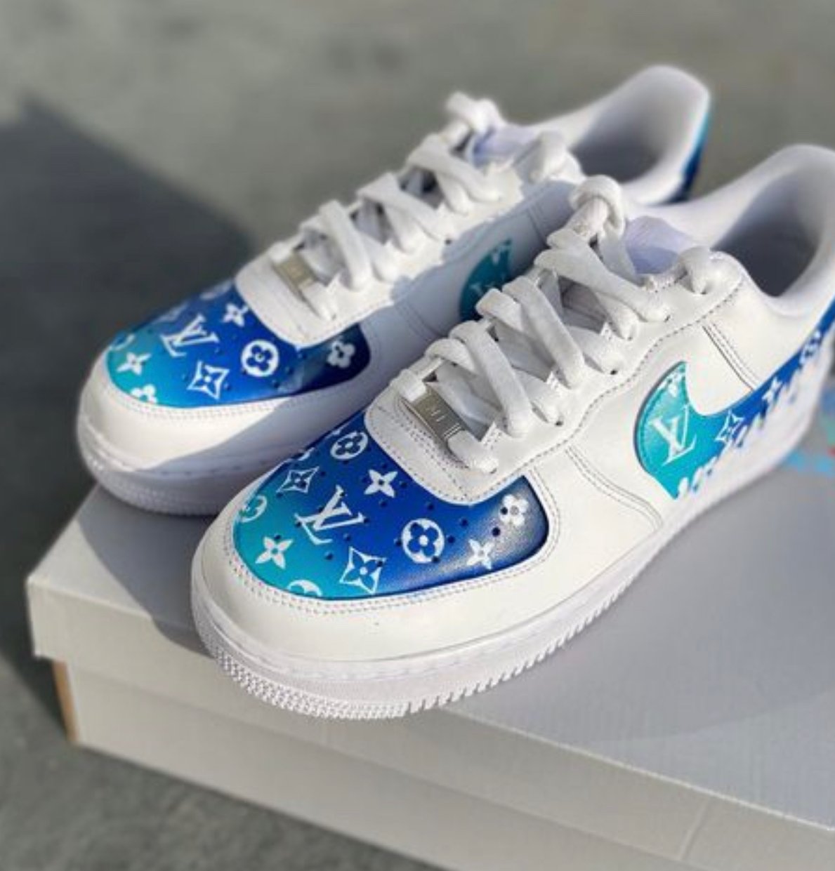 Turquoise lv custom airforces with free crease protectors | Customsbyzeee