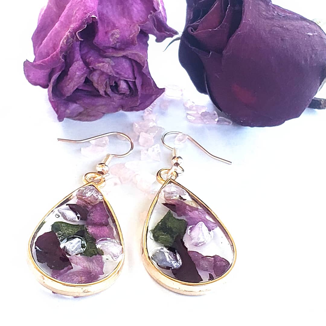 Image of Flower infused  Gemstone Gold Bezel Earrings