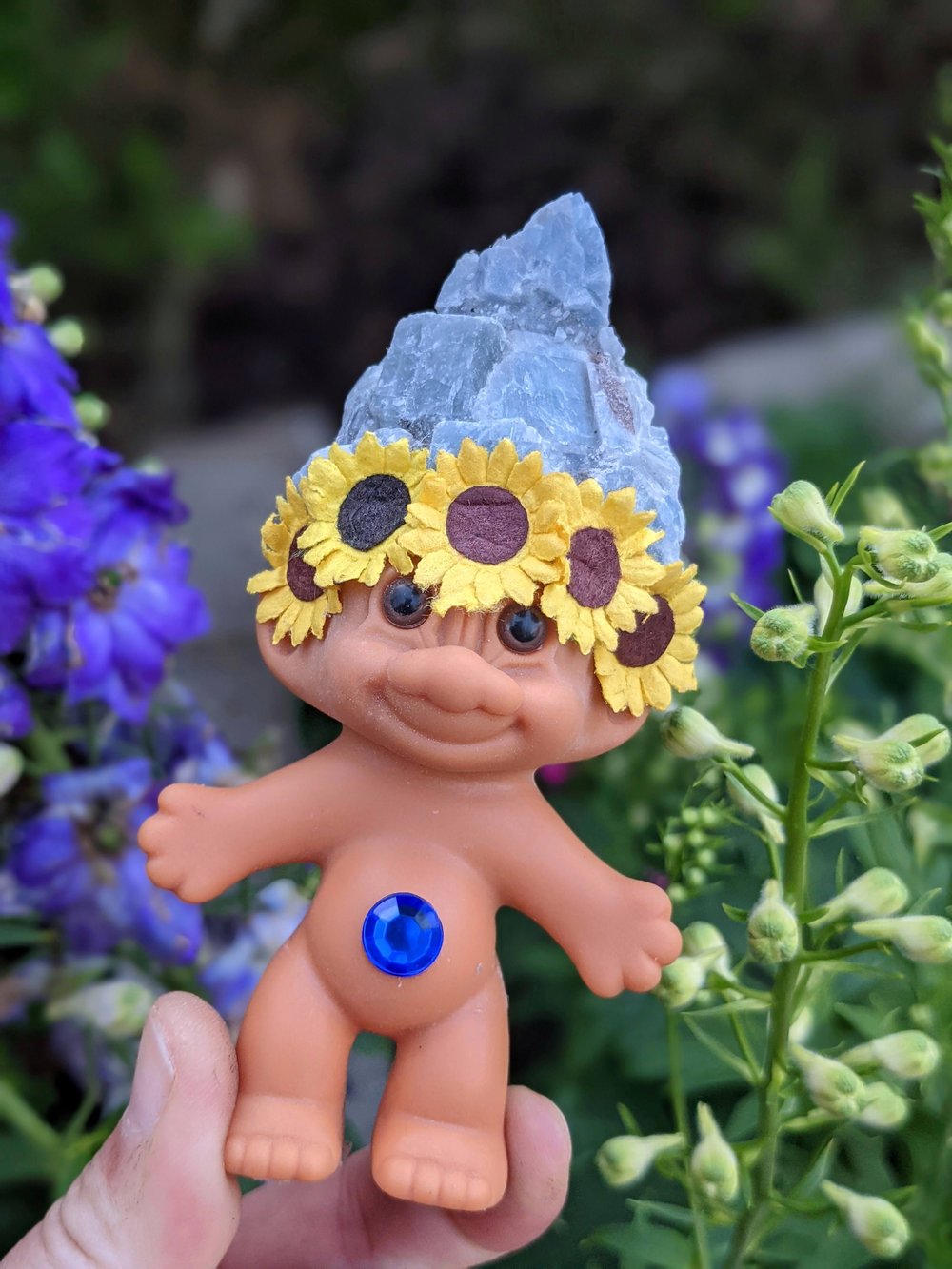 MADE TO ORDER: Blue Calcite Sunflower Crystal Troll 5"