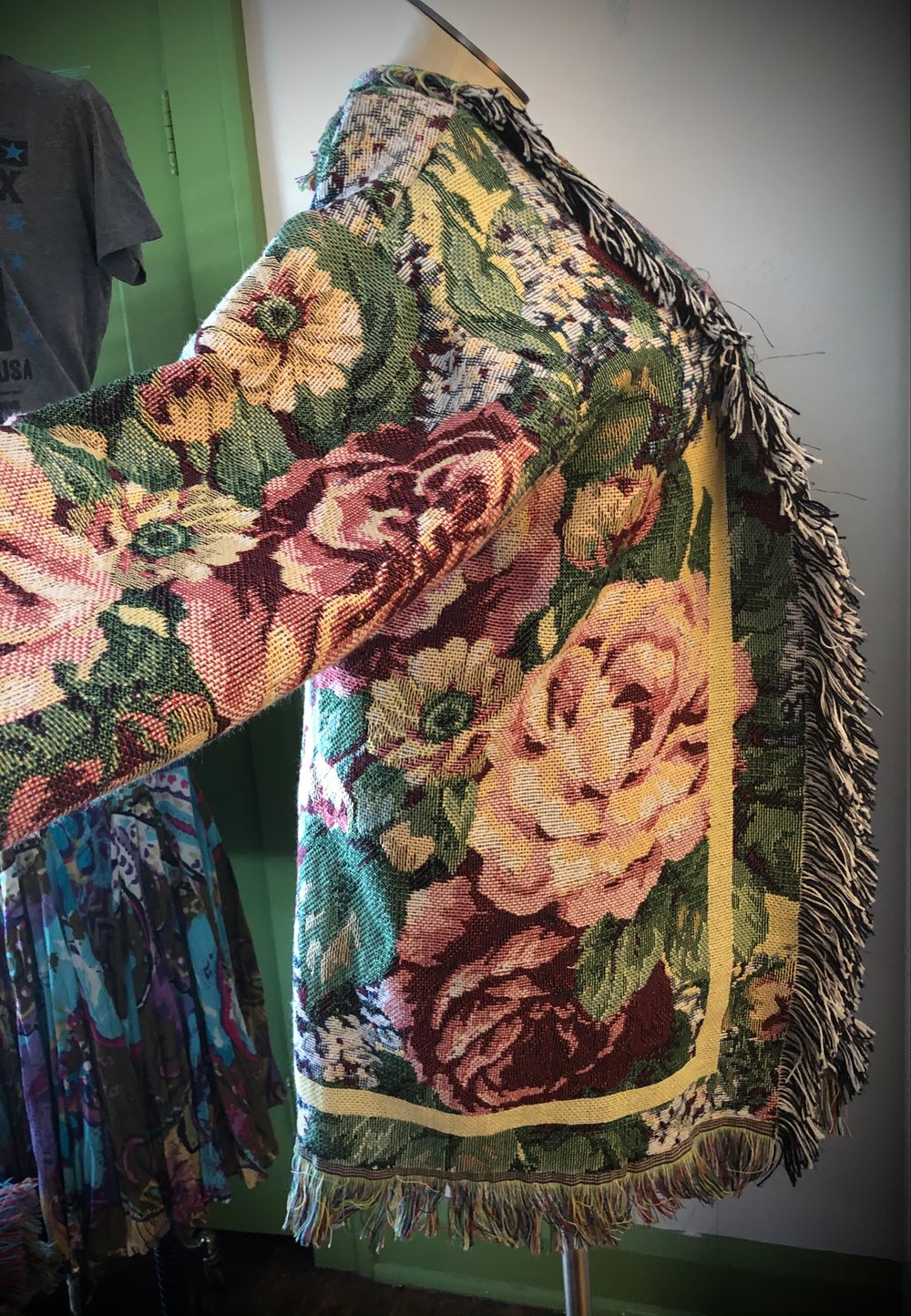 English Tea Garden custom made fringe tapestry jacket