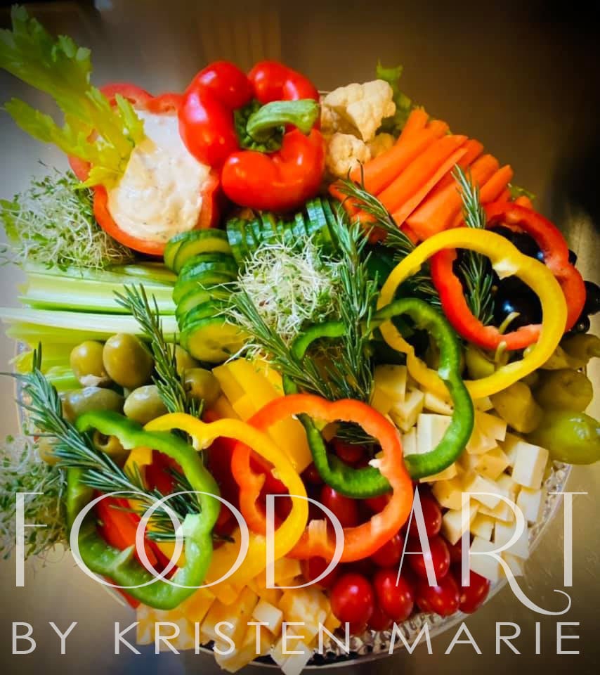 16" Round Hand Carved Vegetable & Cheese Platter Food Art by Kristen