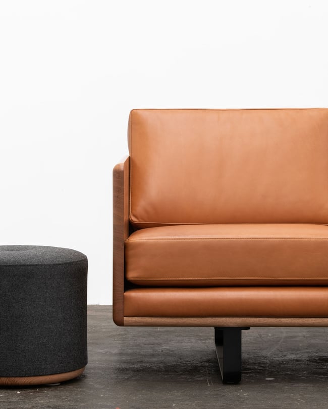  LINA OTTOMAN - GREEN VELVET WITH A SOLID TASMANIAN OAK BASE