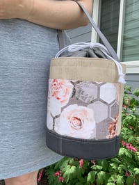 Image 2 of Large Bucket Bag, Oatmeal Cork Ext/Slate Cork Base, Gray Twill Lining, Honeycomb Rose Pockets