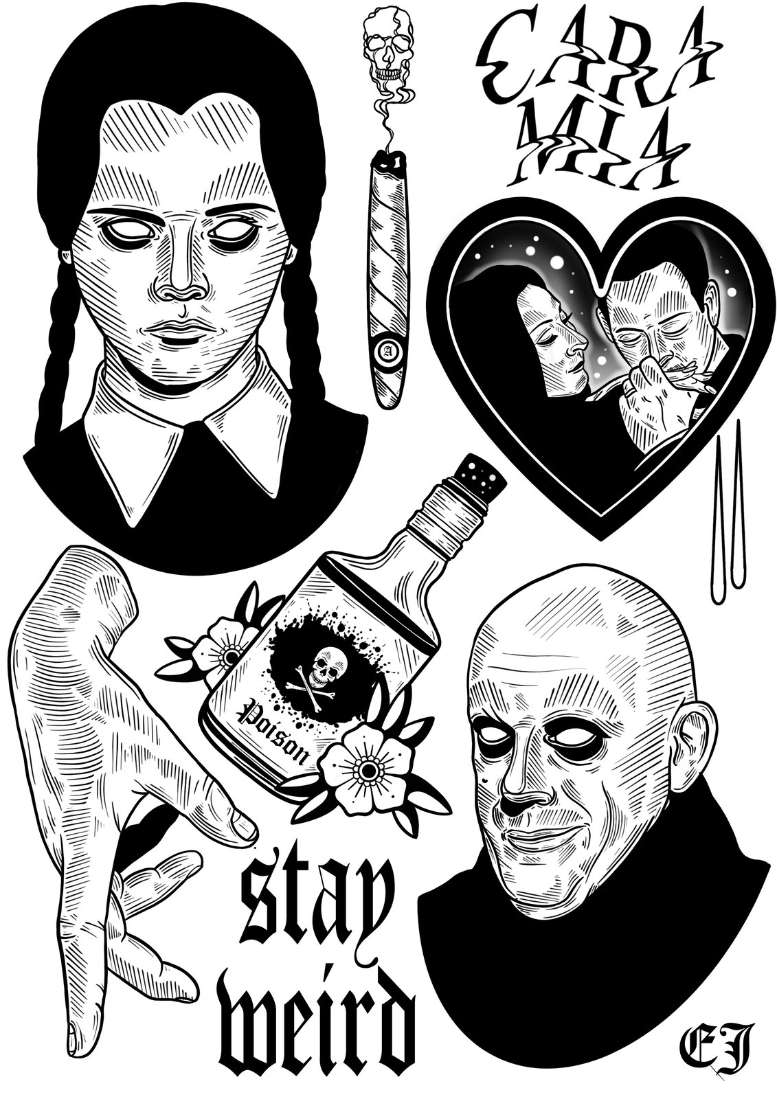 A couple Addams Family tattoo flash designs I still need more practice  drawing hands tattooflash ta  Bird tattoos arm Addams family tattoo  Family tattoos