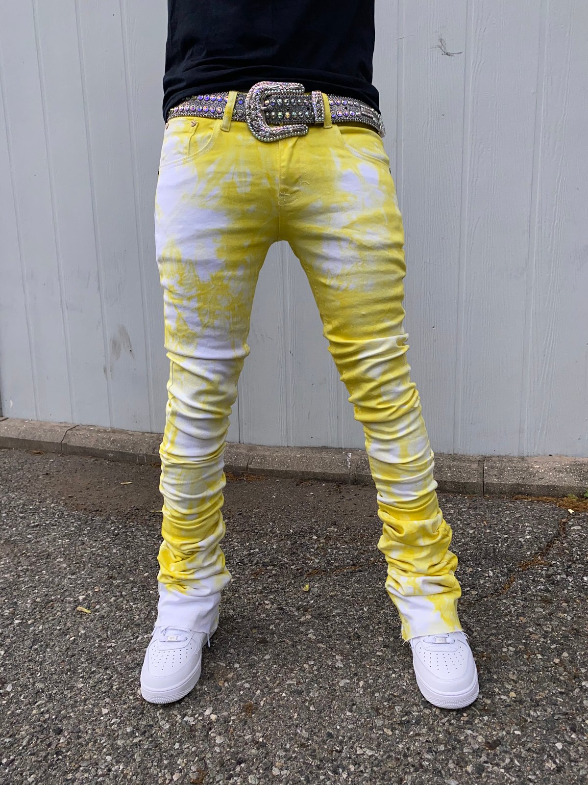 yellow stacked pants