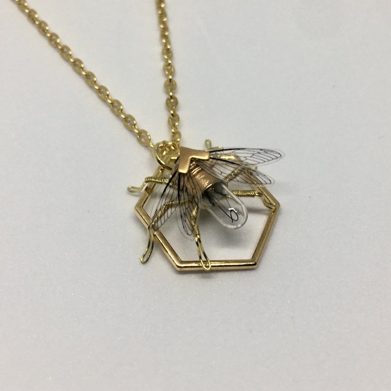 Save the bees - Steampunk Geometric honeycomb and clockwork bee necklace 