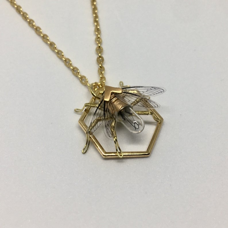Save the bees - Steampunk Geometric honeycomb and clockwork bee necklace